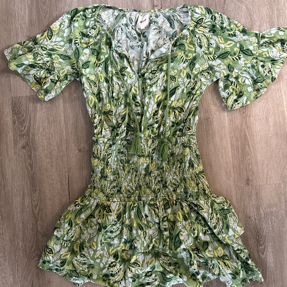 aerie Green Floral Smocked Waist dress with Tassel Tie